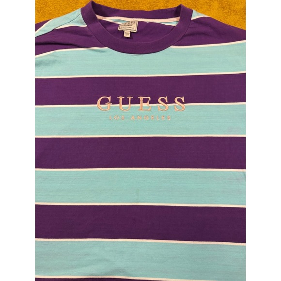 GUESS‎ Los Angeles Mens Striped T Shirt Purple Aqua White Size L - Picture 3 of 12